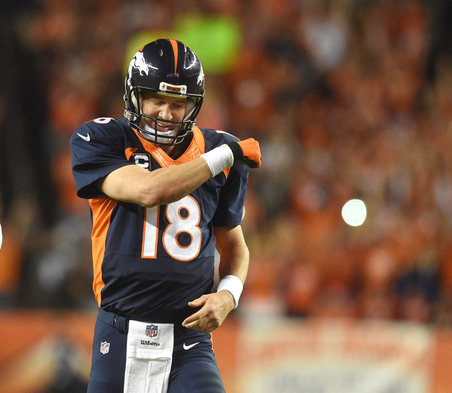 Broncos quarterback Peyton Manning celebrates the 509th touchdown of his career, breaking the NFL record. Manning threw the pass in the 2nd quarter of a game against the San Francisco 49ers to wide receiver Demaryius Thomas on Sunday, October 19, 2014. (The Gazette/Jerilee Bennett)